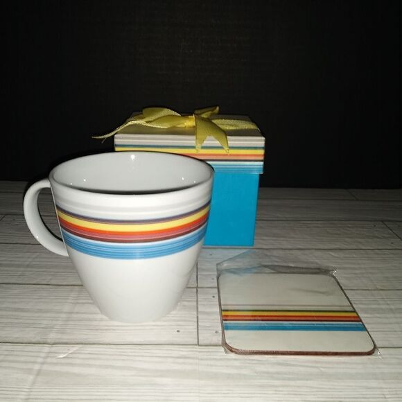 Bed Bath and Beyond Rainbow Striped Coffee Tea Mug Cup in Gift Box - Picture 3 of 9